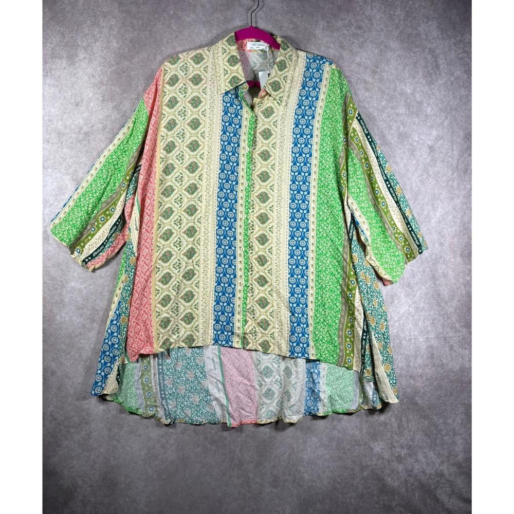 Last Queen Button Down Shirt Women S Green Patchwork Boho High Low Tunic Blouse